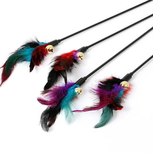 Rainbow Color Feather Toys Funny Cat Stick Plush - side view - PET'S FUN | cat supplies