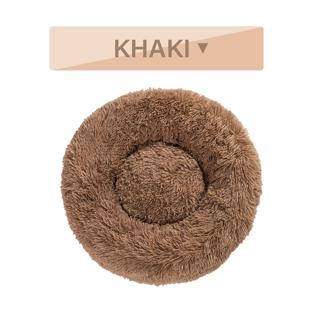 Fluffy Donut Dog Bed Warm Soft Long Plush Pet Cushion - lifestyle view - PET'S FUN | interactive pet toy