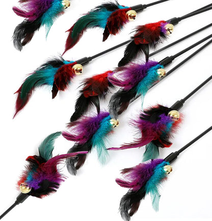 Rainbow Color Feather Toys Funny Cat Stick Plush - lifestyle view - PET'S FUN | cat accessories