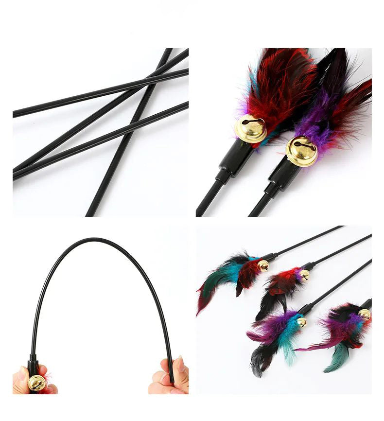 Rainbow Color Feather Toys Funny Cat Stick Plush - side view - PET'S FUN | cat entertainment