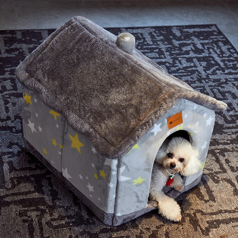 Foldable Dog House Pet Cat Bed Winter Dog Villa Sleep - front view - PET'S FUN | pet bed