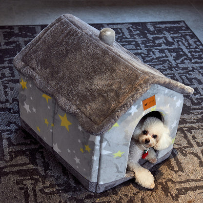 Foldable Dog House Pet Cat Bed Winter Dog Villa Sleep - front view - PET'S FUN | pet bed