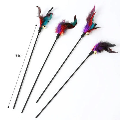 Rainbow Color Feather Toys Funny Cat Stick Plush - detail view - PET'S FUN | cat supplies