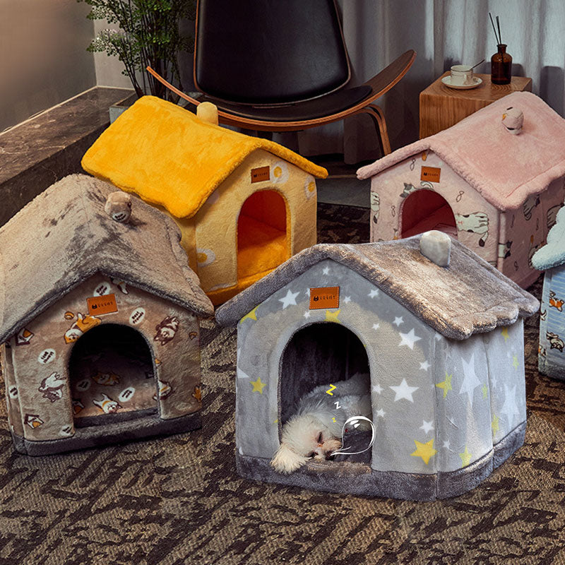 Foldable Dog House Pet Cat Bed Winter Dog Villa Sleep - front view - PET'S FUN | pet toy
