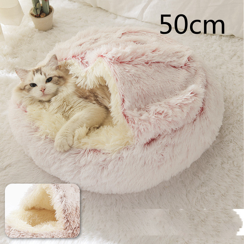2 in 1 Dog and Cat Bed Pet Winter Bed Round Plush Warm - lifestyle view - PET'S FUN | cozy pet bed