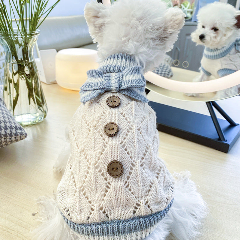 Bowknot Dog Clothes Cat Costume Hollow Knit - front view - PET'S FUN | cat toy