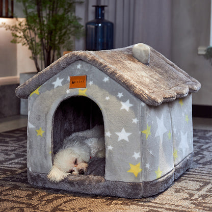 Foldable Dog House Pet Cat Bed Winter Dog Villa Sleep - side view - PET'S FUN | pet supplies