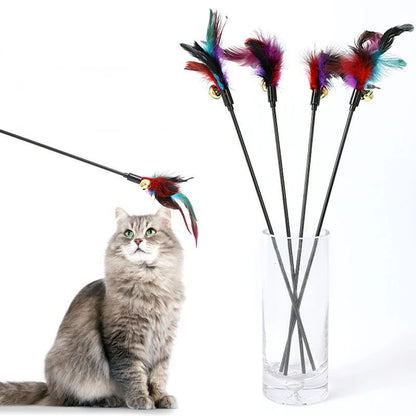 Rainbow Color Feather Toys Funny Cat Stick Plush - front view - PET'S FUN | cat toy