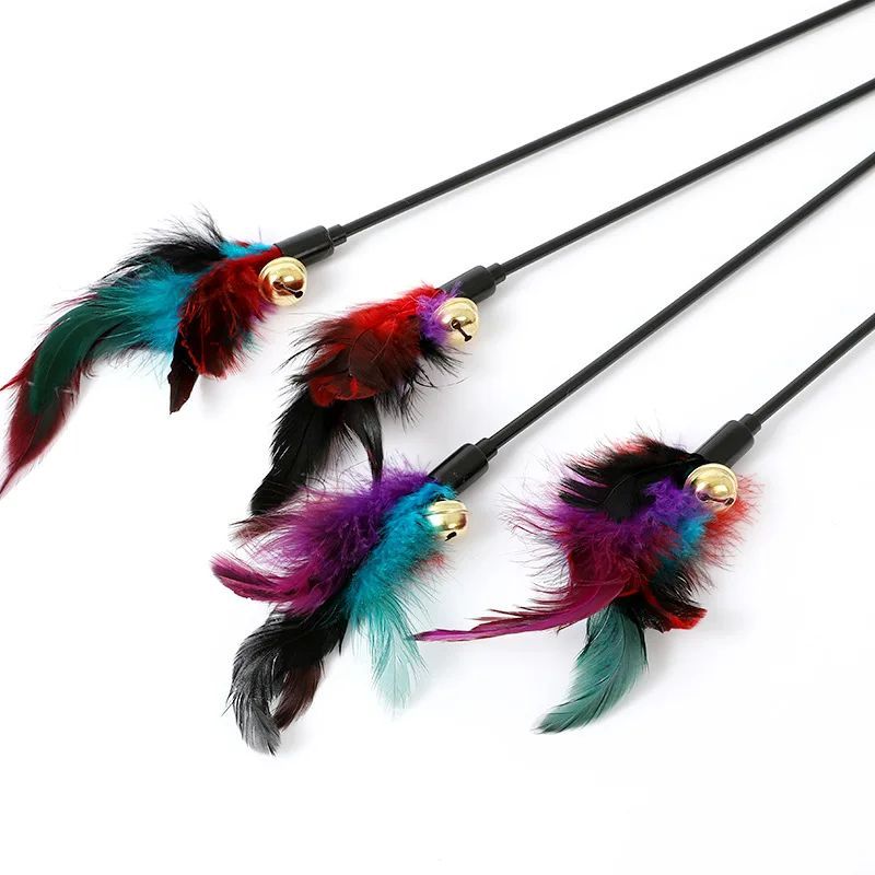 Rainbow Color Feather Toys Funny Cat Stick Plush - side view - PET'S FUN | cat supplies