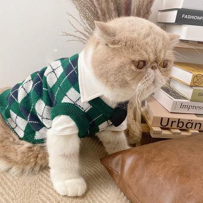 Pet Dress British Plaid Sweater Spring - angle view - PET'S FUN | pet supplies
